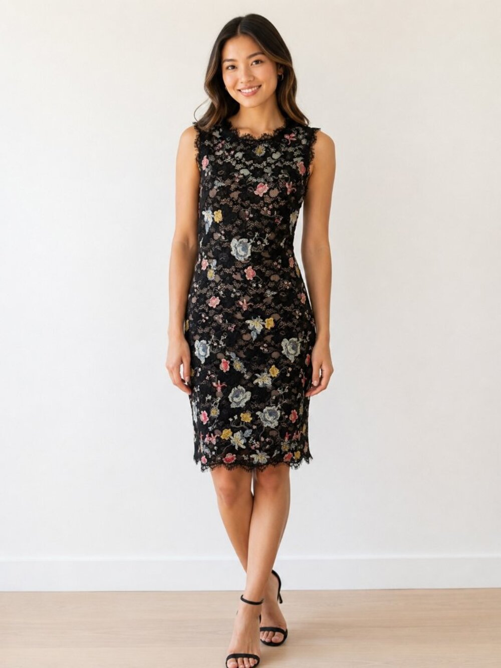 BCBGMAXAZRIA Diane Floral Embroidered Lace Dress Black Multi Size 6
